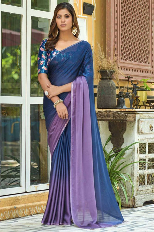 Sober Festive Look Blue Color Chinon Fabric Two Tone Saree