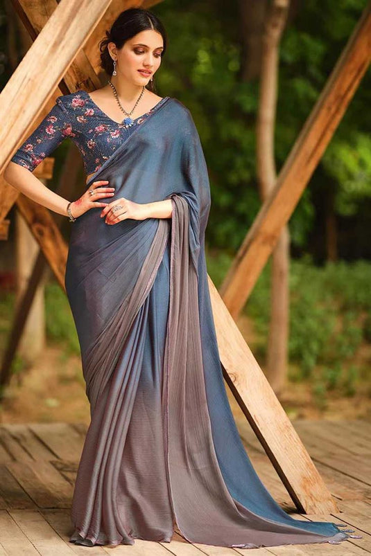 Festive Look Dark Grey Color Engaging Chinon Fabric Two Tone Saree