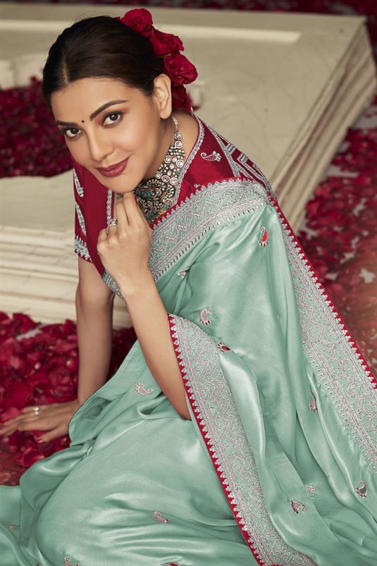 Charming Light Cyan Color Art Silk Fabric Kajal Aggarwal Saree