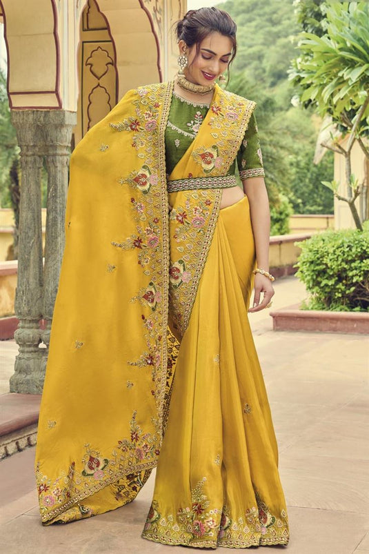 Yellow Color Organza Fabric Coveted Saree With Border Work