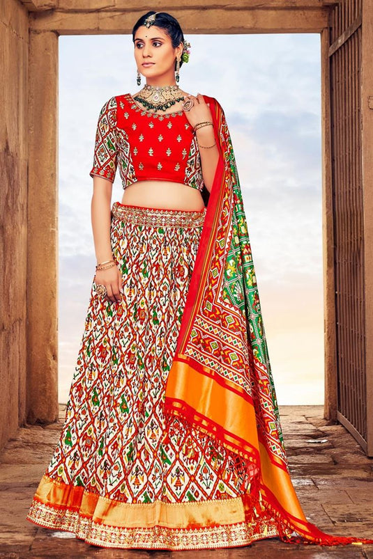 Traditional Look Art Silk Fabric Off White Color Elegant Readymade Lehenga