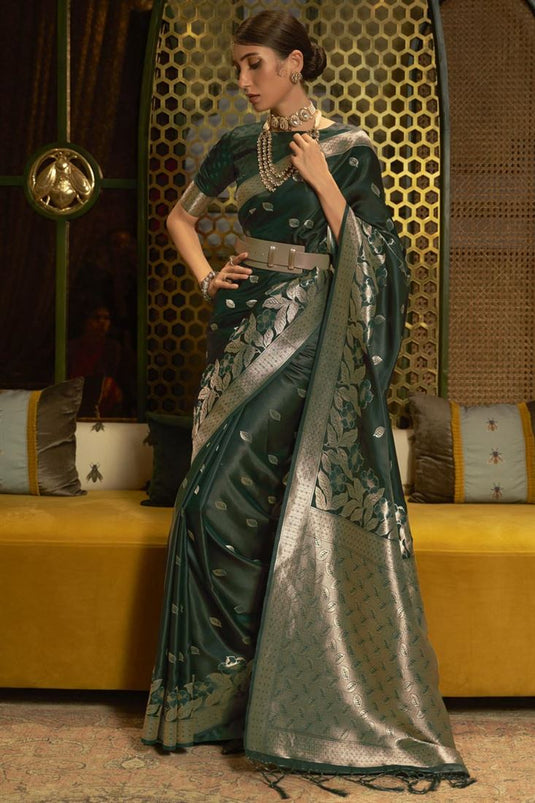 Classic Weaving Designs On Dark Green Color Silk Saree