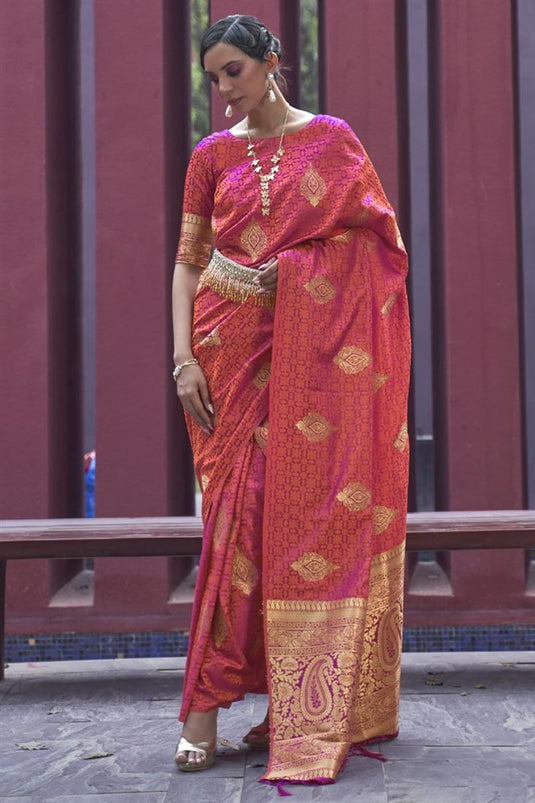 Weaving Work On Satin Silk Tempting Saree In Peach Color