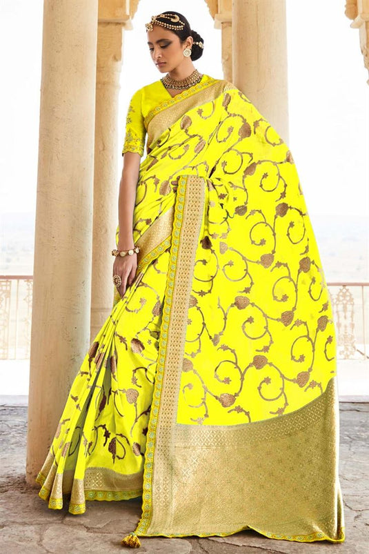 Weaving Work Yellow Color Enticing Function Wear Silk Saree