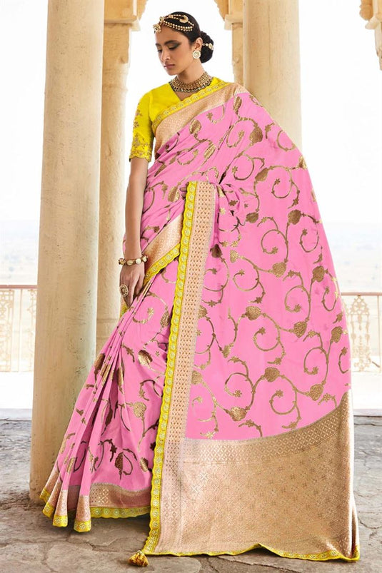 Weaving Work Pink Color Amazing Style Silk Saree