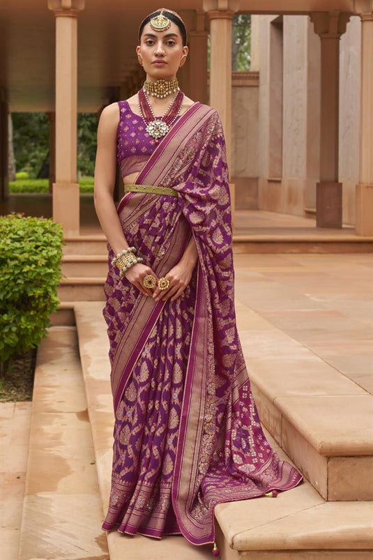 Engaging Brasso Fabric Purple Color Saree With Printed Work