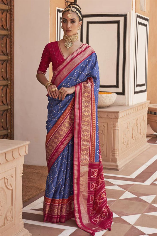 Incredible Printed Work On Art Silk Fabric Blue Color Patola Saree