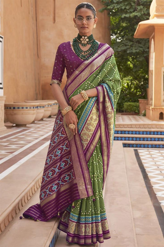 Art Silk Fabric Green Color Patola Saree With Winsome Printed Work