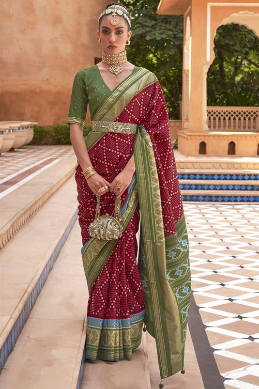 Amazing Maroon Color Art Silk Fabric Patola Saree With Printed Work