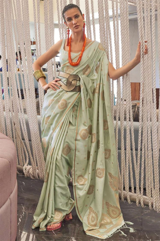 Amazing Sea Green Color Satin Fabric Function Wear Saree