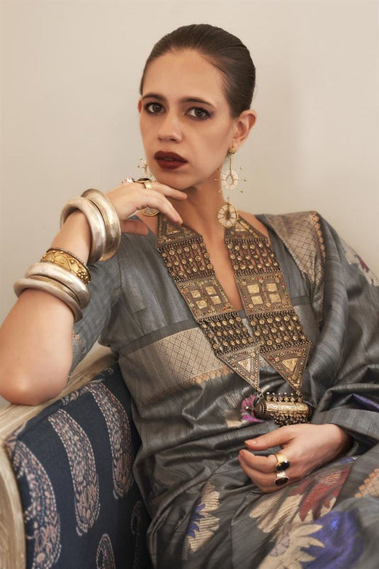 Kalki Koechlin Embellished Grey Color Weaving Designs Silk Saree