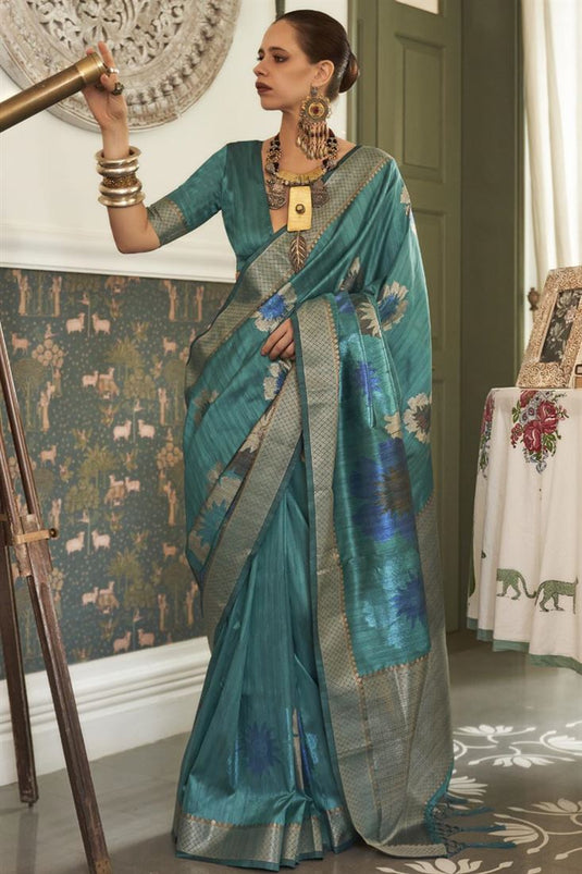 Kalki Koechlin Cyan Color Fascinating Weaving Designs Silk Saree