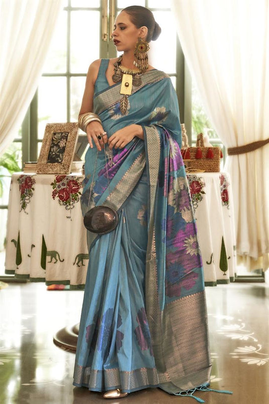 Kalki Koechlin Fashionable Sky Blue Color Weaving Designs Silk Saree