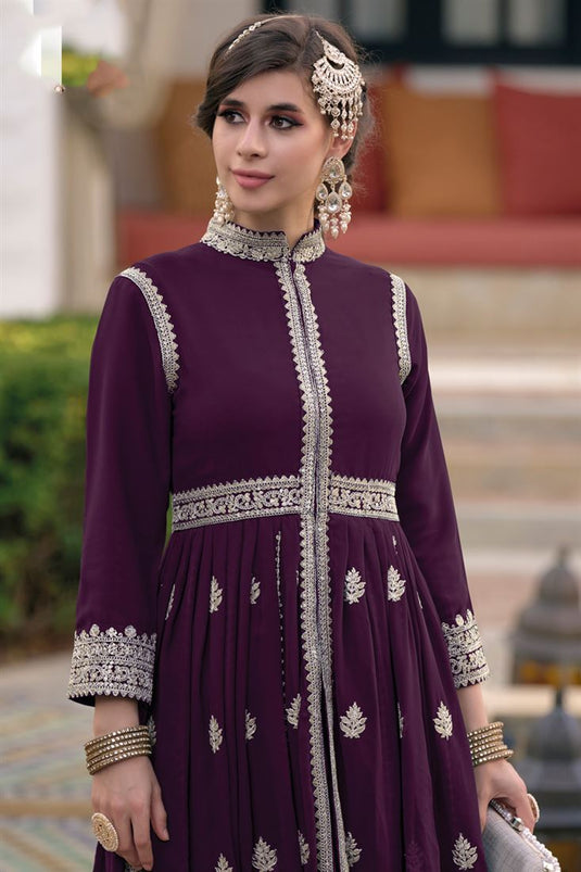 Incredible Embroidered Work Purple Color Georgette Anarkali Suit