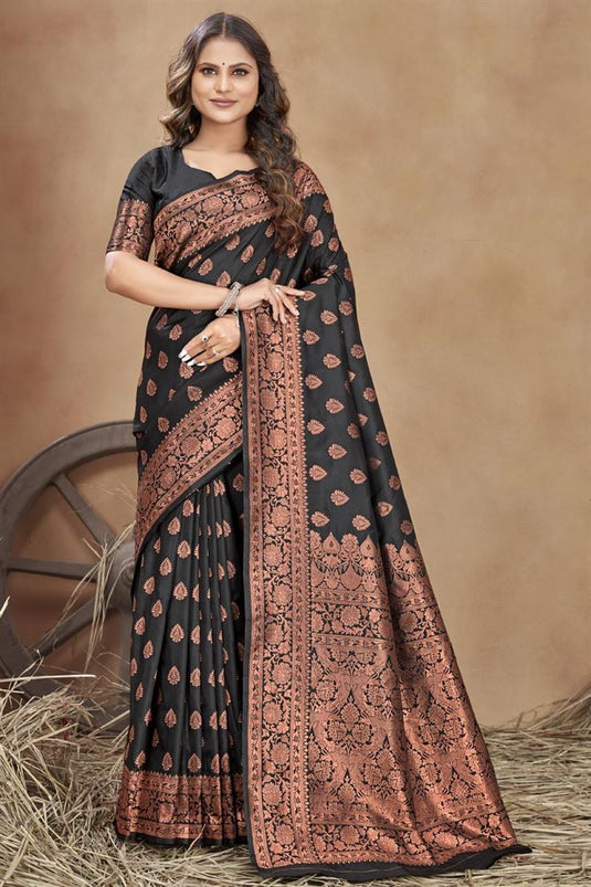 Banarasi Silk Fabric Attractive Festive Look Black Color Saree