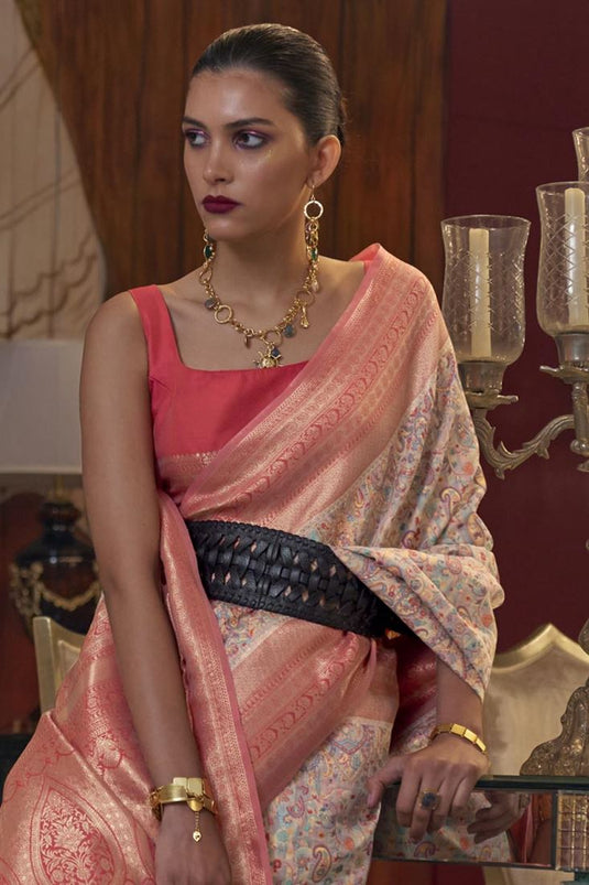 Creative Function Wear Silk Saree In Peach Color