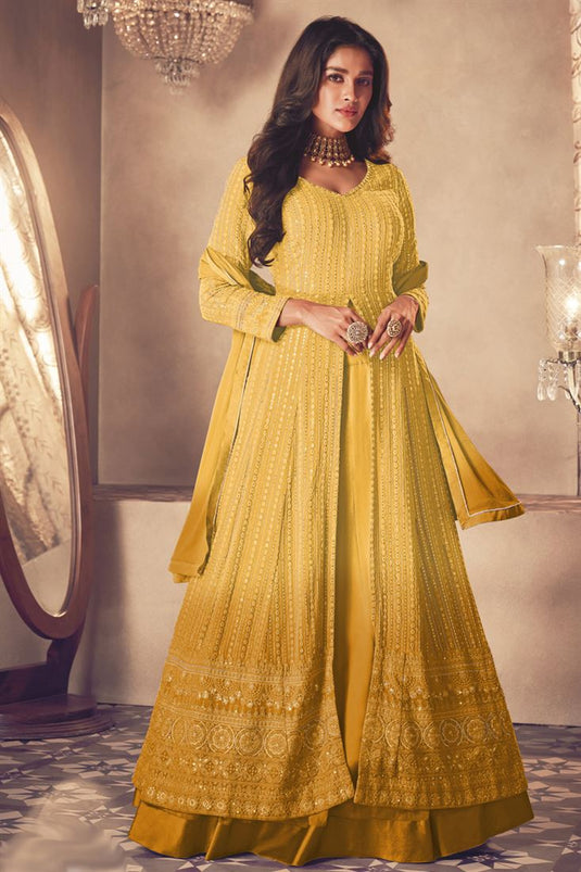 Sushrii Mishraa Yellow Georgette Function Sharara Top Lehenga With Sequins Work