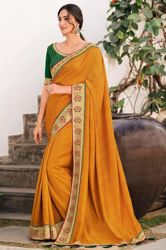 Border Work On Mustard Color Art Silk Fabric Festival Wear Engrossing Saree