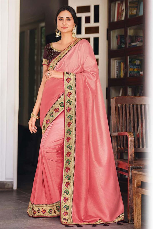 Lavish Border Work On Art Silk Fabric Pink Color Festival Wear Saree