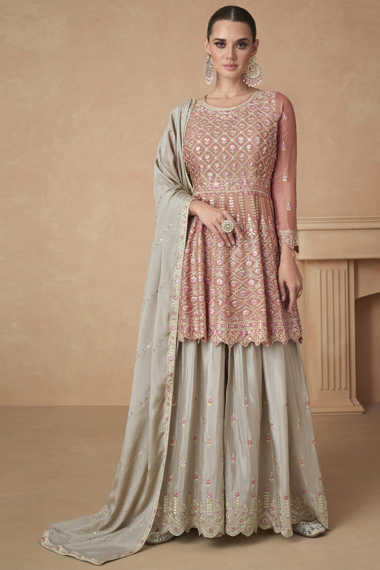 Buy Peach Color Embroidered Readymade Palazzo Suit In Chinon Silk