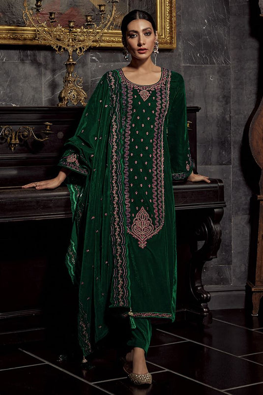 Alluring Green Color Party Look Velvet Salwar Suit