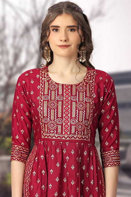 Charming Maroon Color Rayon Fabric Printed Readymade Salwar Suit