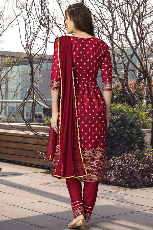 Charming Maroon Color Rayon Fabric Printed Readymade Salwar Suit