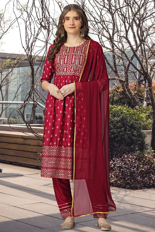 Charming Maroon Color Rayon Fabric Printed Readymade Salwar Suit