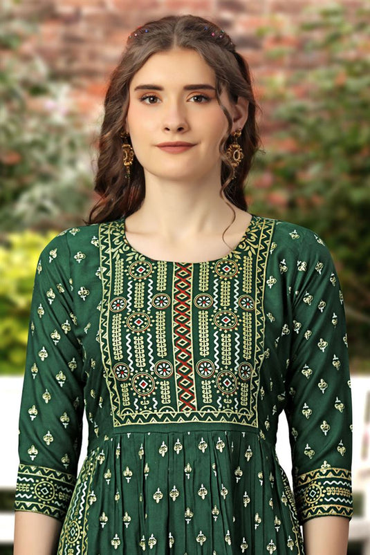 Excellent Rayon Fabric Green Color Printed Readymade Salwar Suit