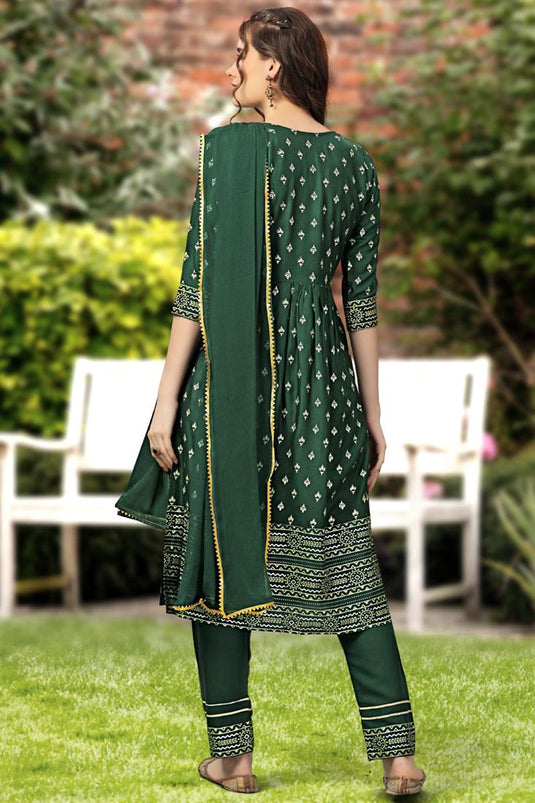 Excellent Rayon Fabric Green Color Printed Readymade Salwar Suit