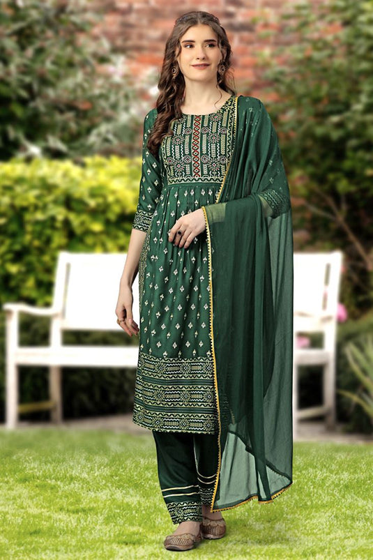 Excellent Rayon Fabric Green Color Printed Readymade Salwar Suit