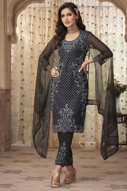 Soothing Net Fabric Embroidered Party Wear Salwar Suit Featuring Vartika Singh In Black Color