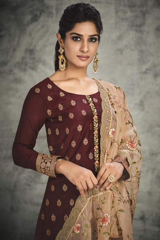 Maroon Color Beguiling Jacquard Silk Salwar Suit In Party Wear