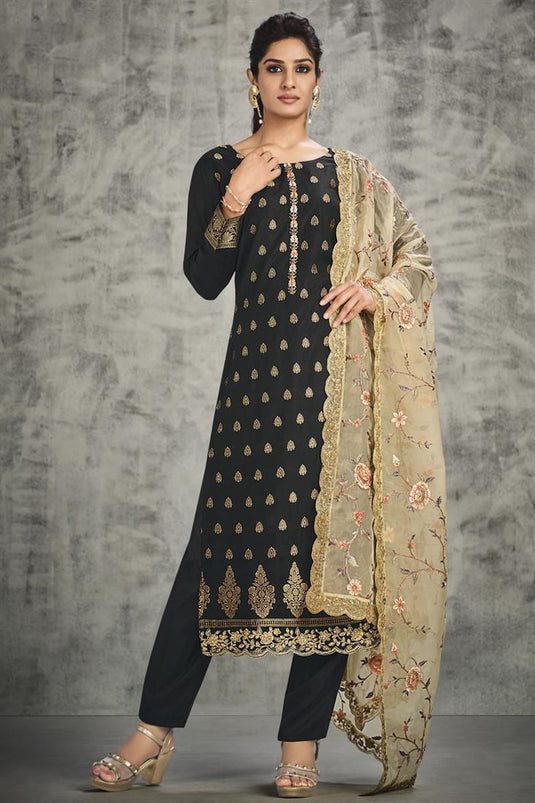 Party Wear Black Color Embellished Jacquard Silk Salwar Suit