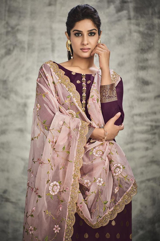 Purple Color Party Wear Ravishing Jacquard Silk Salwar Suit