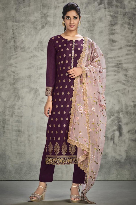 Purple Color Party Wear Ravishing Jacquard Silk Salwar Suit