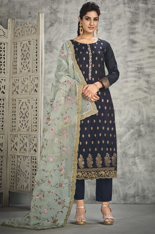 Navy Blue Color Party Wear Wonderful Jacquard Silk Salwar Suit