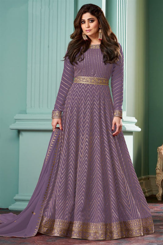 Shamita Shetty Lavender Color Fantastic Georgette Anarkali Suit