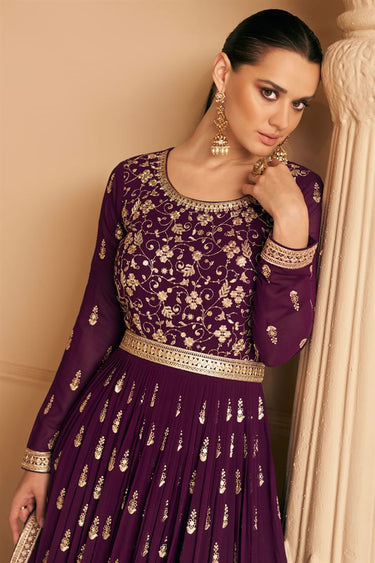 Eugeniya Belousova Elegant Georgette Embroidered Party Gown in Purple Color