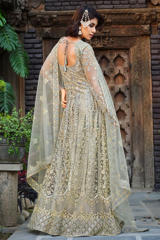 Beige Color Embroidered Trendy Anarkali Suit In Net Fabric