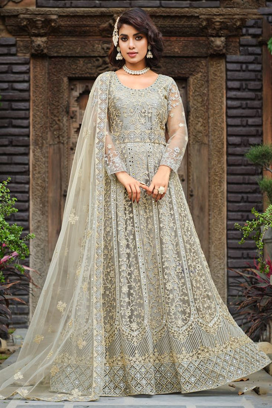 Beige Color Embroidered Trendy Anarkali Suit In Net Fabric