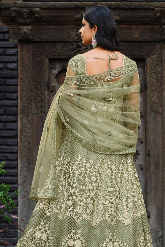 Stunning Olive Color Net Fabric Embroidered Anarkali Suit