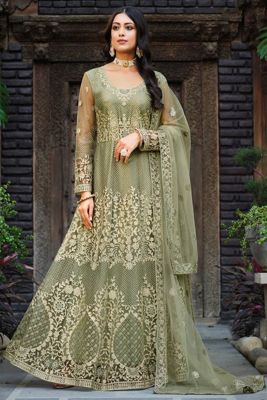 Stunning Olive Color Net Fabric Embroidered Anarkali Suit