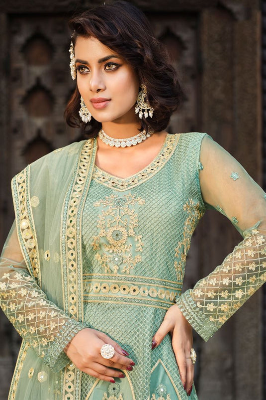 Sea Green Color Net Fabric Attractive Embroidered Anarkali Suit