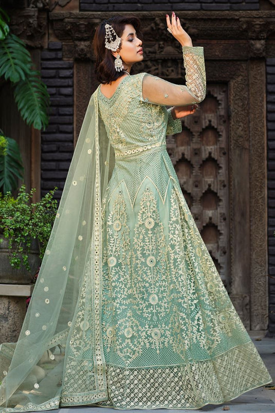 Sea Green Color Net Fabric Attractive Embroidered Anarkali Suit