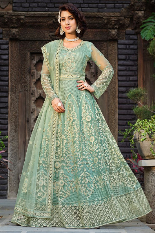 Sea Green Color Net Fabric Attractive Embroidered Anarkali Suit