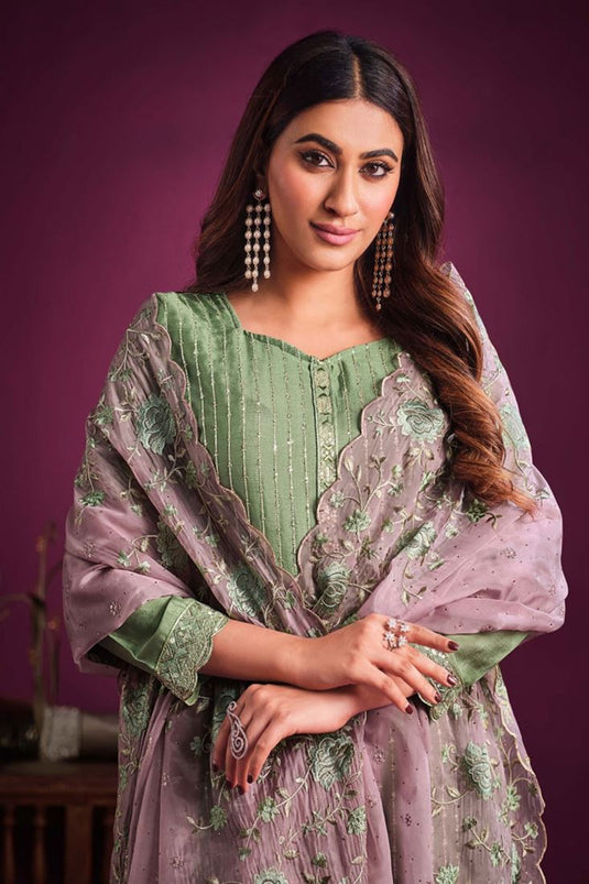 Green Color Chinon Fabric Tempting Salwar Suit For Function