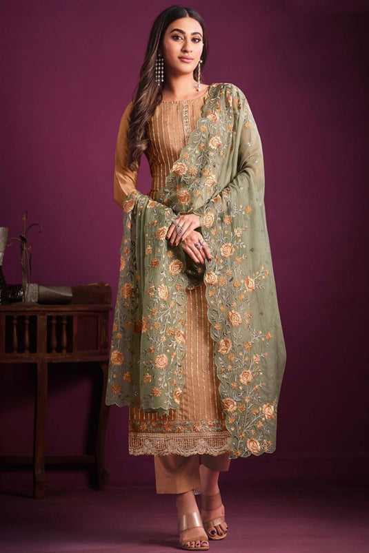 Alluring Chinon Fabric Peach Color Salwar Suit For Function