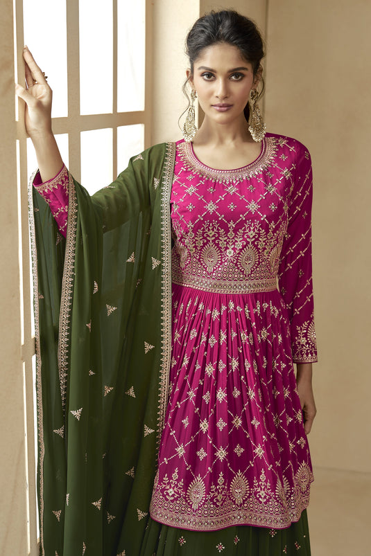 Georgette Wedding Wear 3 Piece Sharara Style Lehenga In Magenta With Embroidery Work