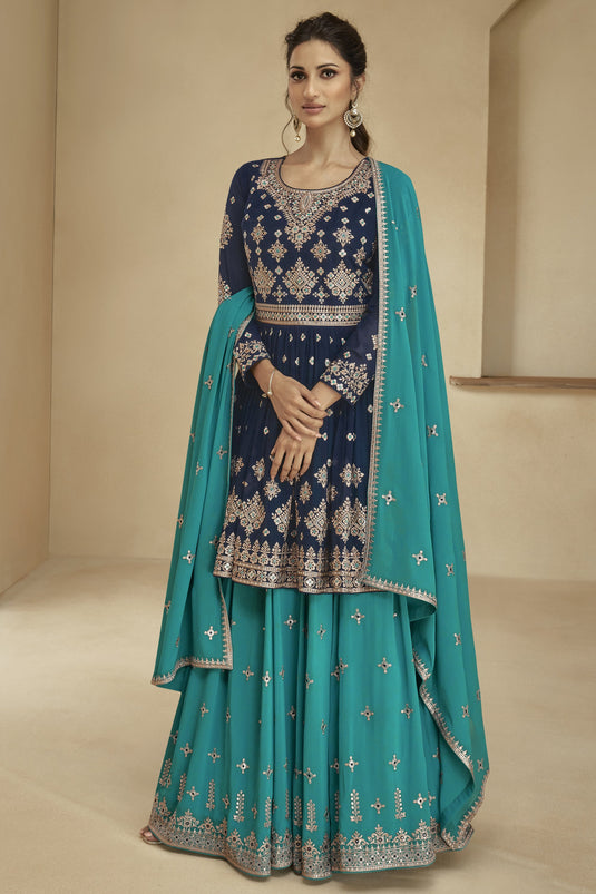 Navy Blue Georgette Reception Wear Sharara Style Lehenga With Embroidery Work